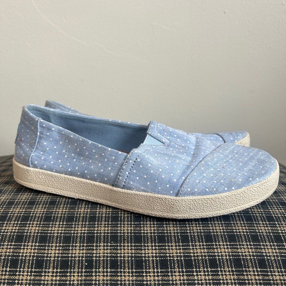 TOMS Alpargata Slip On Shoes Womens‎ 7 Blue White Polka Dot Canvas Flats EUC